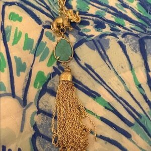 Elephant Gold Tassel Pendant Necklace with Turquoise Stone